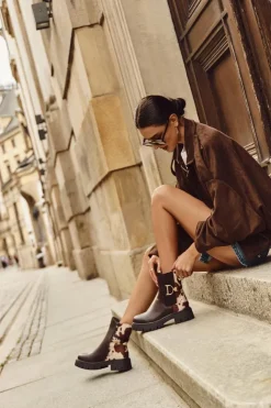 Boto Botki Ocieplane|Botki Płaskie*Ocieplane Botki Sztyblety Damskie Ze Złotym Detalem W Łaty Brązowe Priscilla Brązowy