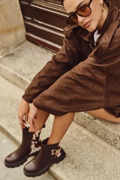 Boto Botki Ocieplane|Botki Płaskie*Ocieplane Botki Sztyblety Damskie Ze Złotym Detalem W Łaty Brązowe Priscilla Brązowy