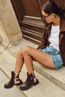 Boto Botki Ocieplane|Botki Płaskie*Ocieplane Botki Sztyblety Damskie Ze Złotym Detalem W Łaty Brązowe Priscilla Brązowy