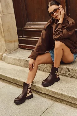 Boto Botki Ocieplane|Botki Płaskie*Ocieplane Botki Sztyblety Damskie Ze Złotym Detalem W Łaty Brązowe Priscilla Brązowy