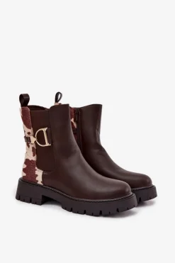 Boto Botki Ocieplane|Botki Płaskie*Ocieplane Botki Sztyblety Damskie Ze Złotym Detalem W Łaty Brązowe Priscilla Brązowy