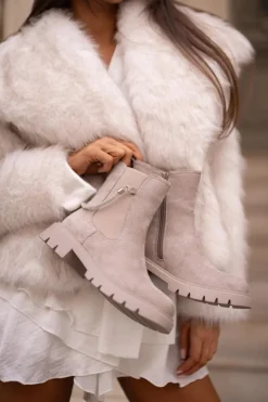 Outlet Boto Ocieplane Botki Sztyblety Na Zamek Z Ozdobnym Paskiem Beżowe Labenne