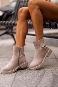 Outlet Boto Ocieplane Botki Sztyblety Na Zamek Z Ozdobnym Paskiem Beżowe Labenne