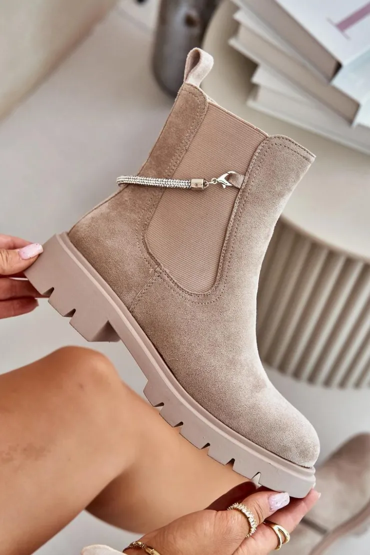 Outlet Boto Ocieplane Botki Sztyblety Na Zamek Z Ozdobnym Paskiem Beżowe Labenne