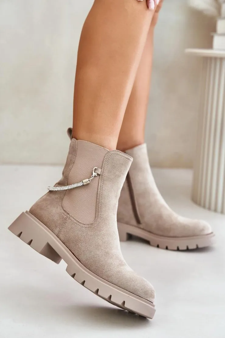 Outlet Boto Ocieplane Botki Sztyblety Na Zamek Z Ozdobnym Paskiem Beżowe Labenne