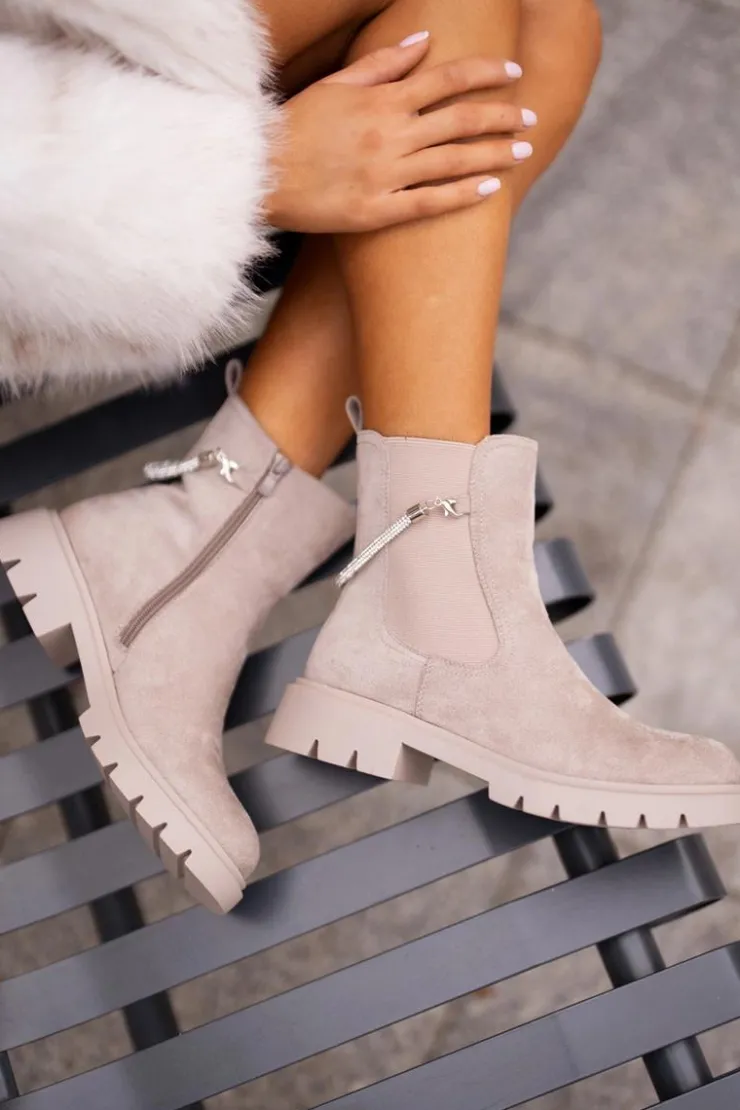 Outlet Boto Ocieplane Botki Sztyblety Na Zamek Z Ozdobnym Paskiem Beżowe Labenne