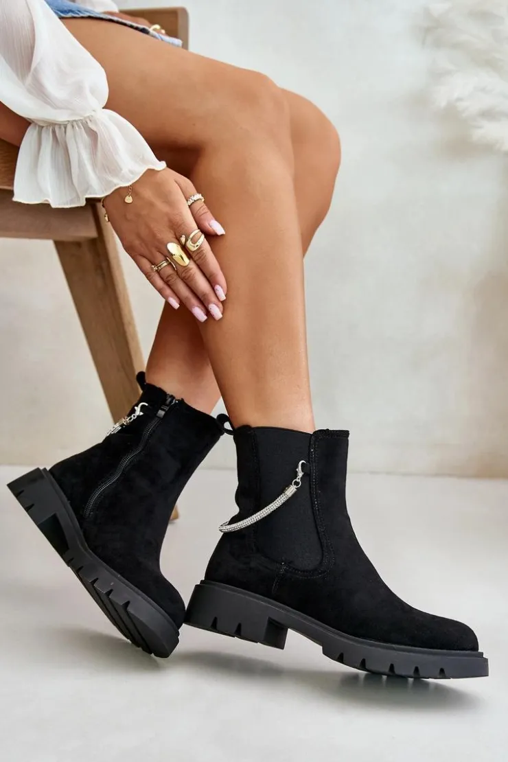 Hot Boto Ocieplane Botki Sztyblety Na Zamek Z Ozdobnym Paskiem Czarne Labenne