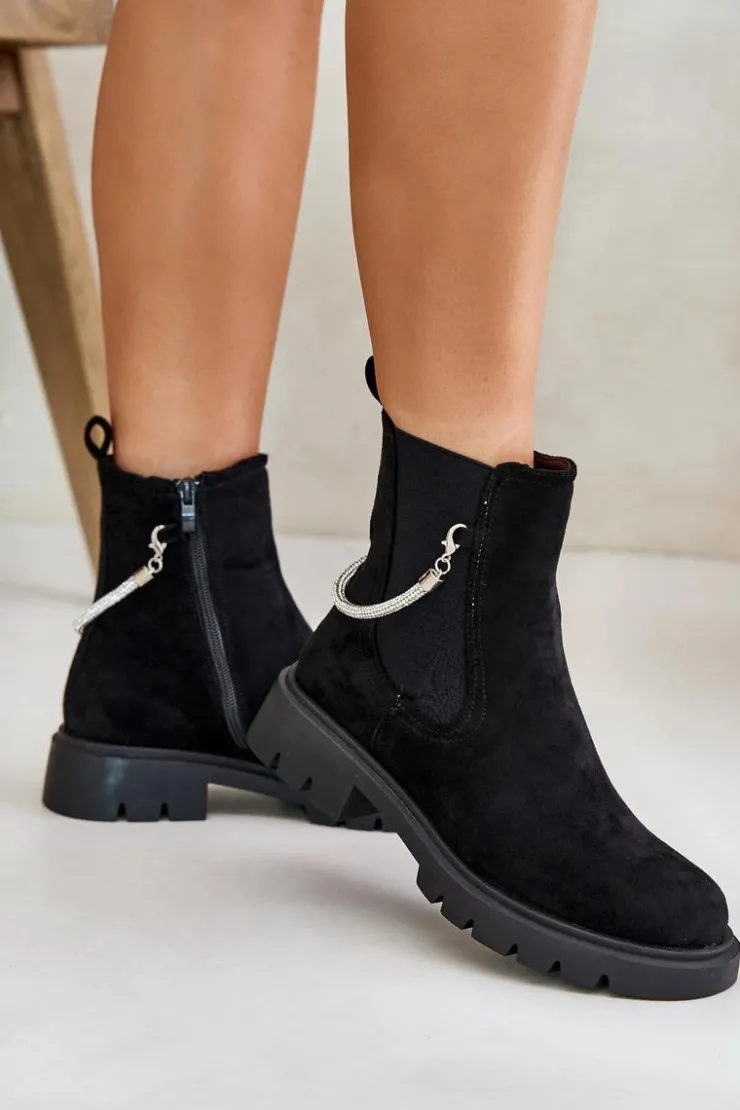 Hot Boto Ocieplane Botki Sztyblety Na Zamek Z Ozdobnym Paskiem Czarne Labenne