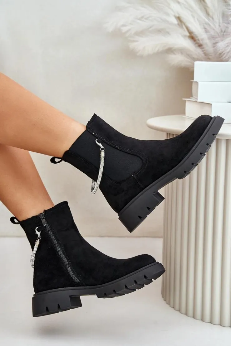 Hot Boto Ocieplane Botki Sztyblety Na Zamek Z Ozdobnym Paskiem Czarne Labenne