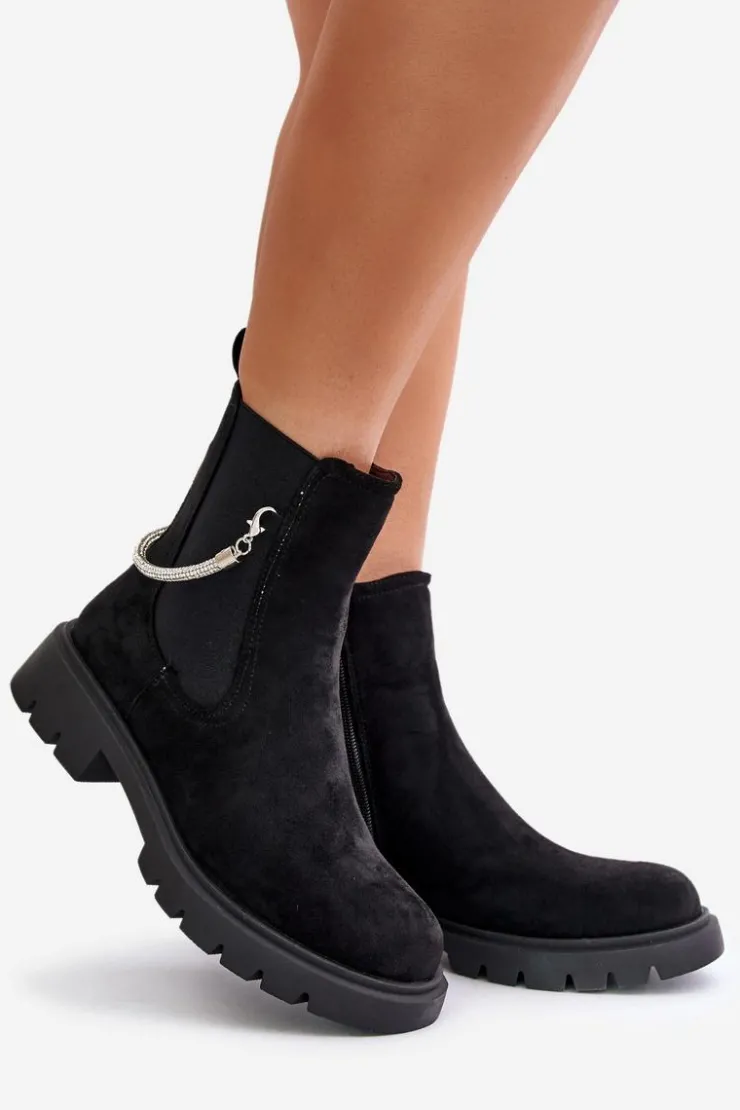 Hot Boto Ocieplane Botki Sztyblety Na Zamek Z Ozdobnym Paskiem Czarne Labenne