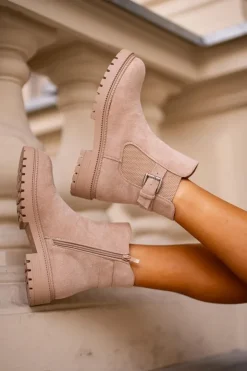 Boto Brązowe I Beżowe Botki|Botki Płaskie*Ocieplane Botki Sztyblety Na Zamek Z Klamrą Beżowe Kikiella