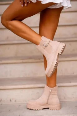 Boto Brązowe I Beżowe Botki|Botki Płaskie*Ocieplane Botki Sztyblety Na Zamek Z Klamrą Beżowe Kikiella