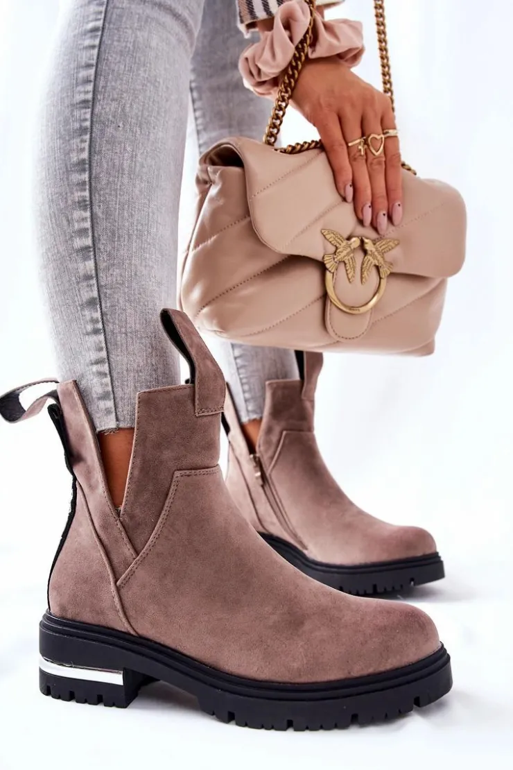 Boto Czarne Botki|Botki Zimowe Damskie*Ocieplane Botki Sztyblety Z Suwakiem Cappucino My Way