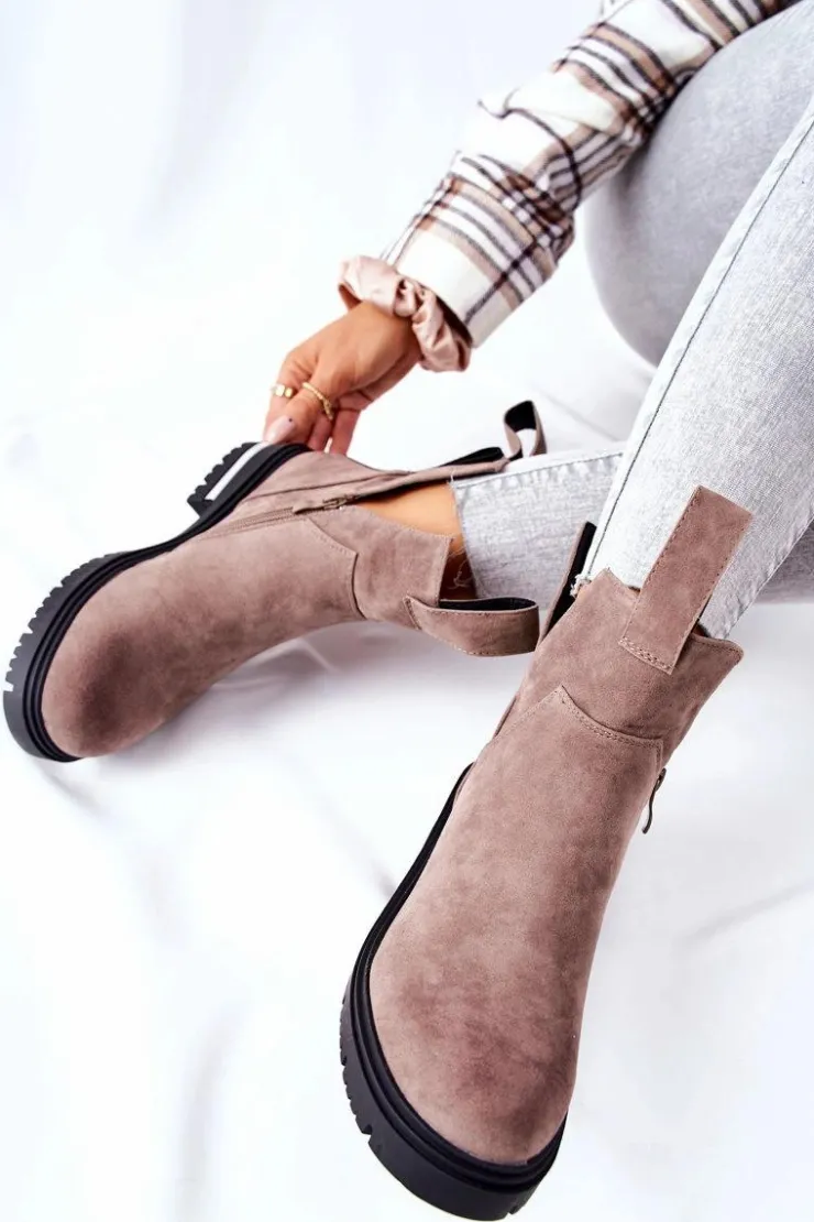 Boto Czarne Botki|Botki Zimowe Damskie*Ocieplane Botki Sztyblety Z Suwakiem Cappucino My Way