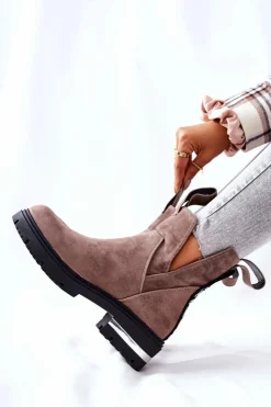 Boto Czarne Botki|Botki Zimowe Damskie*Ocieplane Botki Sztyblety Z Suwakiem Cappucino My Way