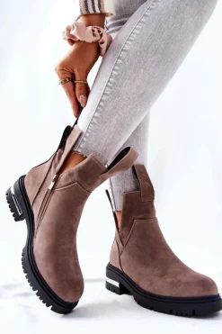 Boto Czarne Botki|Botki Zimowe Damskie*Ocieplane Botki Sztyblety Z Suwakiem Cappucino My Way