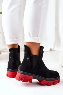 Boto Czarne Botki|Botki Zimowe Damskie*Ocieplane Botki Sztyblety Czarno-Czerwone Fearless