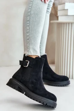 Damskie Boto Ocieplane Botki Sztyblety Na Zamek Z Klamrą Czarne Kikiella