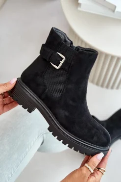Damskie Boto Ocieplane Botki Sztyblety Na Zamek Z Klamrą Czarne Kikiella
