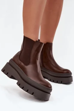 Clearance Boto Ocieplane Botki Sztyblety Damskie Na Platformie Czekoladowe Ismira