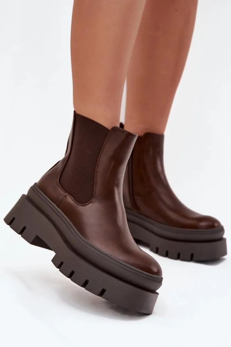 Clearance Boto Ocieplane Botki Sztyblety Damskie Na Platformie Czekoladowe Ismira
