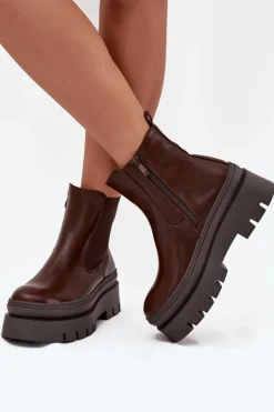 Clearance Boto Ocieplane Botki Sztyblety Damskie Na Platformie Czekoladowe Ismira