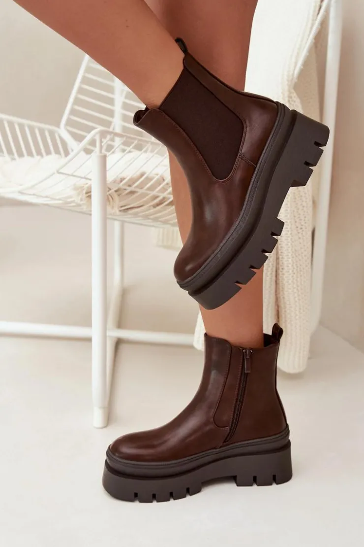 Clearance Boto Ocieplane Botki Sztyblety Damskie Na Platformie Czekoladowe Ismira