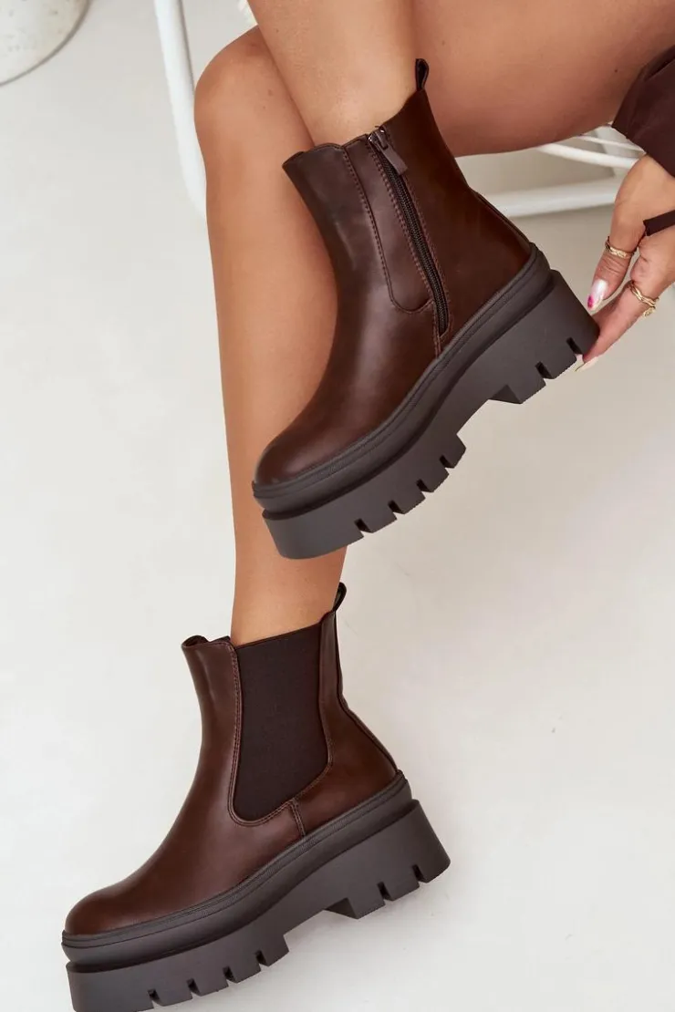 Clearance Boto Ocieplane Botki Sztyblety Damskie Na Platformie Czekoladowe Ismira