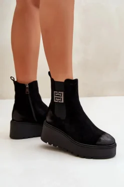 Buty damskie Vinceza Botki Na Koturnie|Czarne Botki*Ocieplane Botki Sztyblety Damskie Na Koturnie I Platformie Z Eko Zamszu Czarne Vinceza 58339