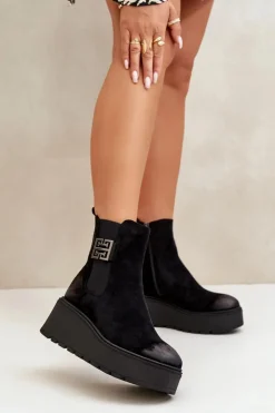 Buty damskie Vinceza Botki Na Koturnie|Czarne Botki*Ocieplane Botki Sztyblety Damskie Na Koturnie I Platformie Z Eko Zamszu Czarne Vinceza 58339