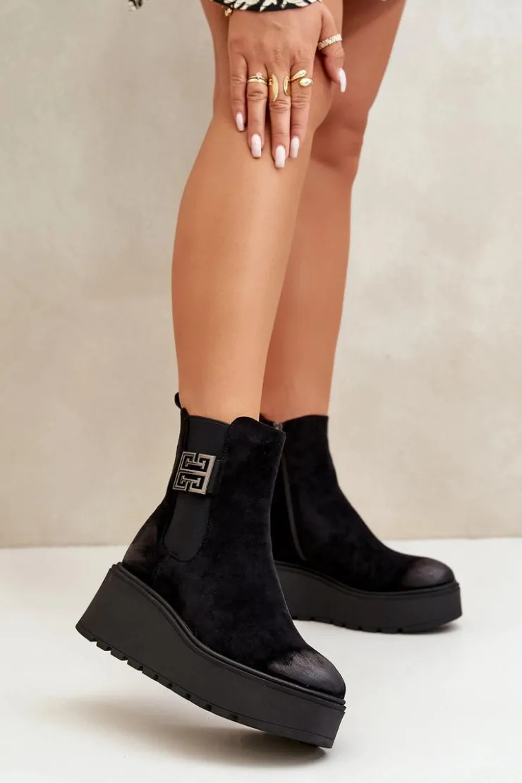 Buty damskie Vinceza Botki Na Koturnie|Czarne Botki*Ocieplane Botki Sztyblety Damskie Na Koturnie I Platformie Z Eko Zamszu Czarne Vinceza 58339