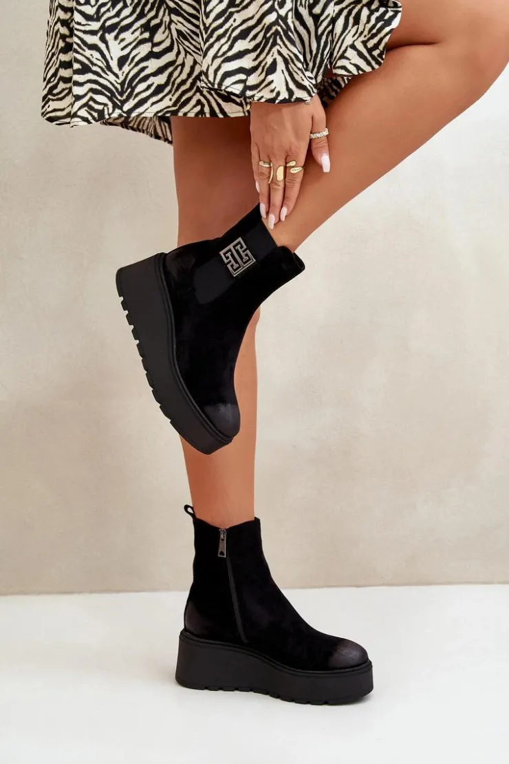 Buty damskie Vinceza Botki Na Koturnie|Czarne Botki*Ocieplane Botki Sztyblety Damskie Na Koturnie I Platformie Z Eko Zamszu Czarne Vinceza 58339