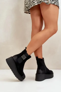 Buty damskie Vinceza Botki Na Koturnie|Czarne Botki*Ocieplane Botki Sztyblety Damskie Na Koturnie I Platformie Z Eko Zamszu Czarne Vinceza 58339