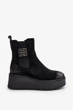 Buty damskie Vinceza Botki Na Koturnie|Czarne Botki*Ocieplane Botki Sztyblety Damskie Na Koturnie I Platformie Z Eko Zamszu Czarne Vinceza 58339