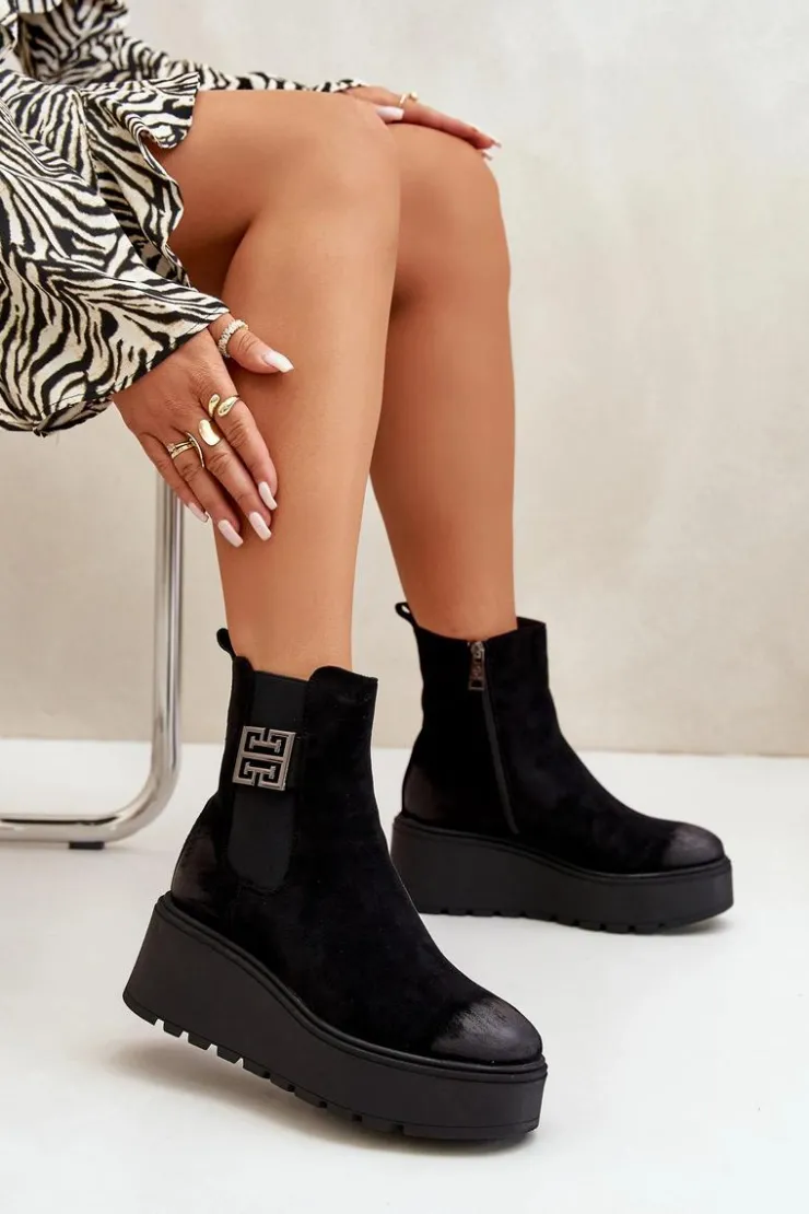 Buty damskie Vinceza Botki Na Koturnie|Czarne Botki*Ocieplane Botki Sztyblety Damskie Na Koturnie I Platformie Z Eko Zamszu Czarne Vinceza 58339