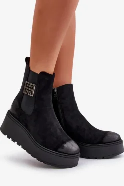 Buty damskie Vinceza Botki Na Koturnie|Czarne Botki*Ocieplane Botki Sztyblety Damskie Na Koturnie I Platformie Z Eko Zamszu Czarne Vinceza 58339