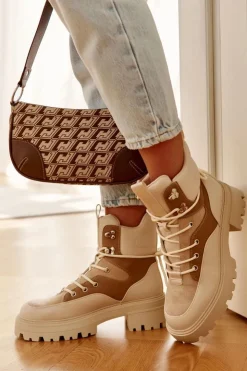 Boto Damskie Trapery|Botki Sznurowane*Ocieplane Botki Trapery Beżowo-Brązowe Settimo