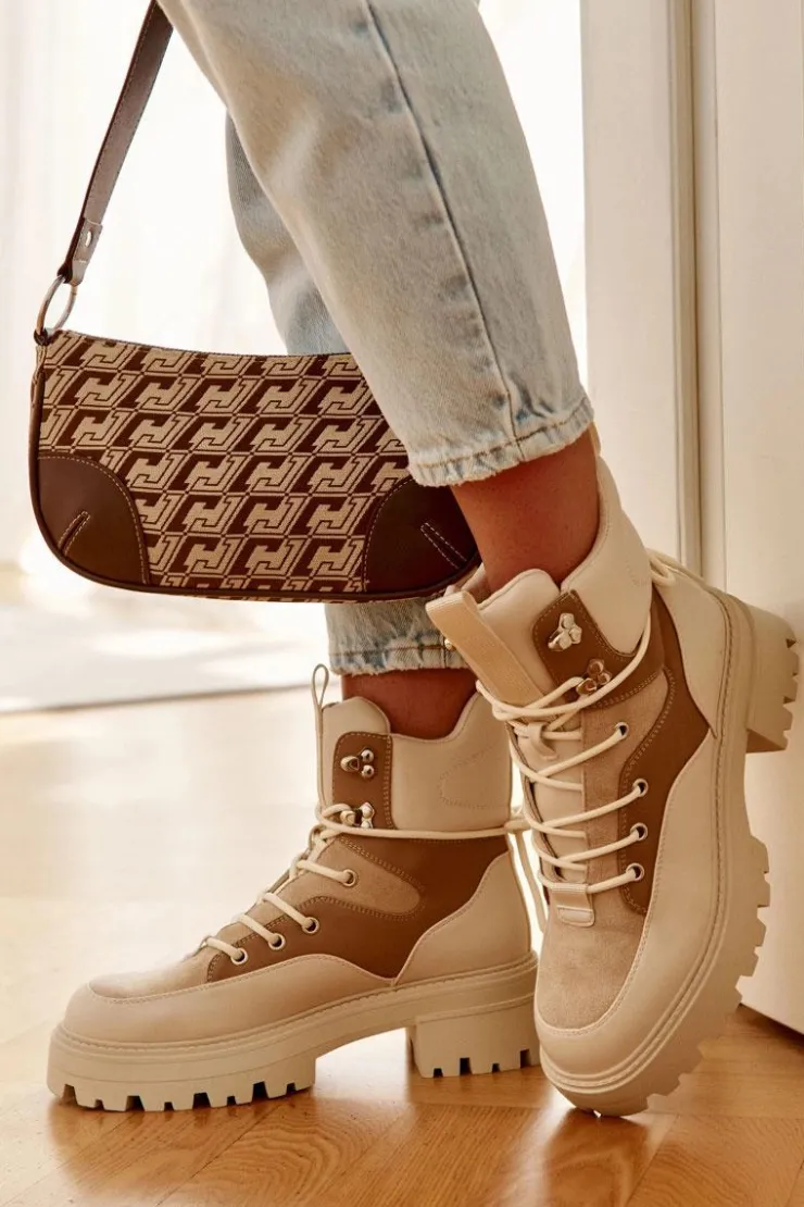 Boto Damskie Trapery|Botki Sznurowane*Ocieplane Botki Trapery Beżowo-Brązowe Settimo