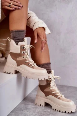 Boto Damskie Trapery|Botki Sznurowane*Ocieplane Botki Trapery Beżowo-Brązowe Settimo