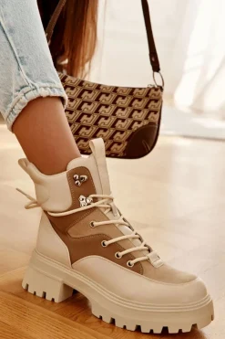 Boto Damskie Trapery|Botki Sznurowane*Ocieplane Botki Trapery Beżowo-Brązowe Settimo