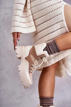 Boto Damskie Trapery|Botki Sznurowane*Ocieplane Botki Trapery Beżowo-Brązowe Settimo