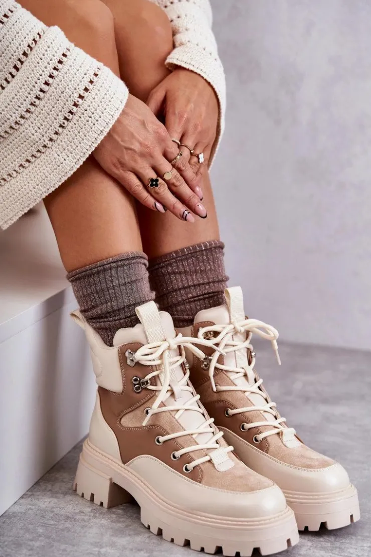 Boto Damskie Trapery|Botki Sznurowane*Ocieplane Botki Trapery Beżowo-Brązowe Settimo