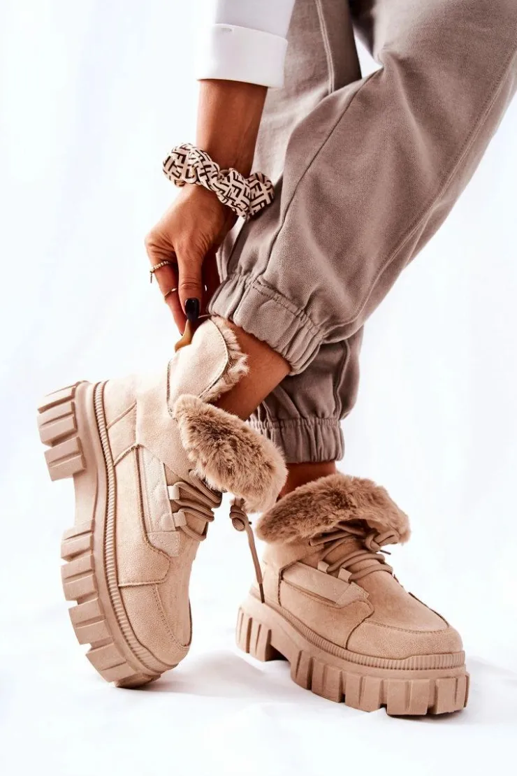 Clearance Boto Ocieplane Botki Trapery Beżowe Demaris