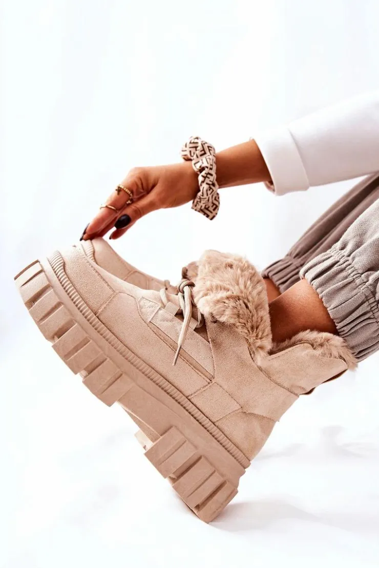 Clearance Boto Ocieplane Botki Trapery Beżowe Demaris