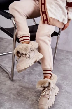 Damskie Boto Ocieplane Botki Trapery Beżowe Charles