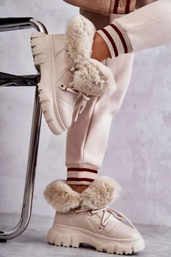 Damskie Boto Ocieplane Botki Trapery Beżowe Charles