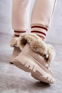 Damskie Boto Ocieplane Botki Trapery Beżowe Charles