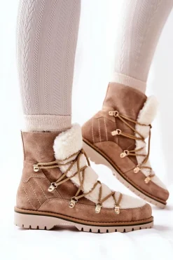 Damskie Boto Ocieplane Botki Trapery Beżowe Jiliana