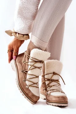 Damskie Boto Ocieplane Botki Trapery Beżowe Jiliana