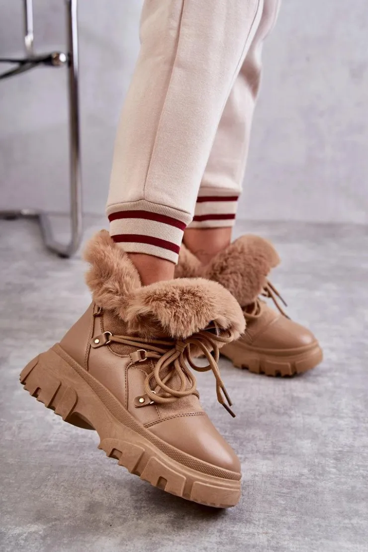 Boto Botki Ocieplane|Damskie Trapery*Ocieplane Botki Trapery Ciemnobeżowe Charles Beżowy